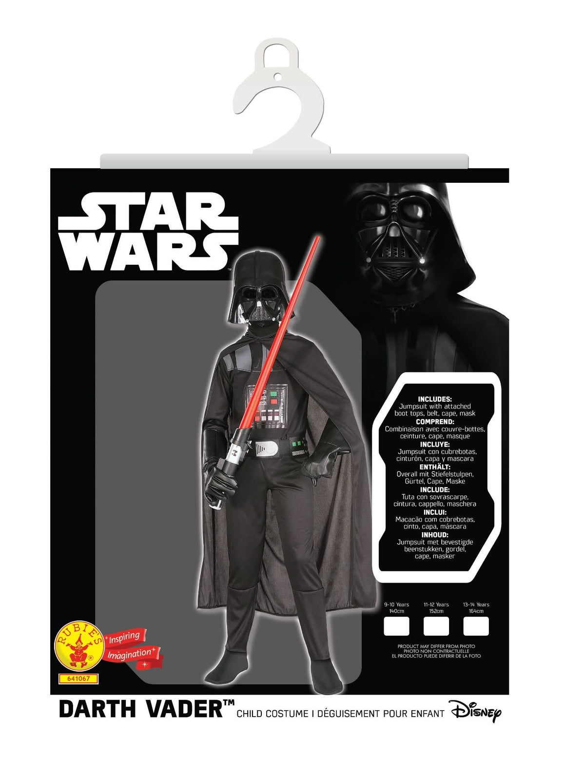 Pakkauksen sisältö ja klassinen Darth Vader -pojat-asu pojille