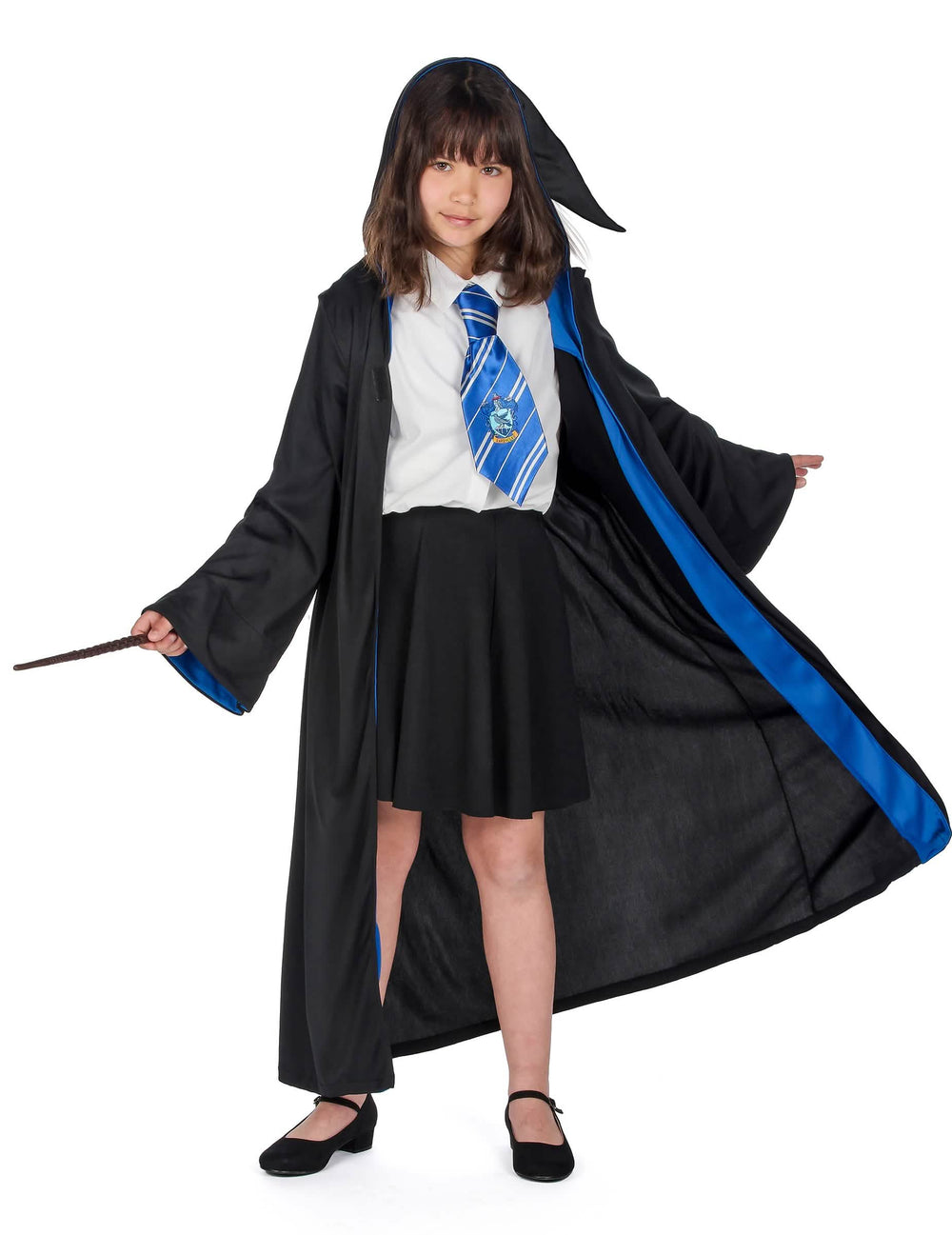 Klassinen Harry Potter -Ravenclaw-lasten naamiaisasu, musta ja sininen, solmio mukana