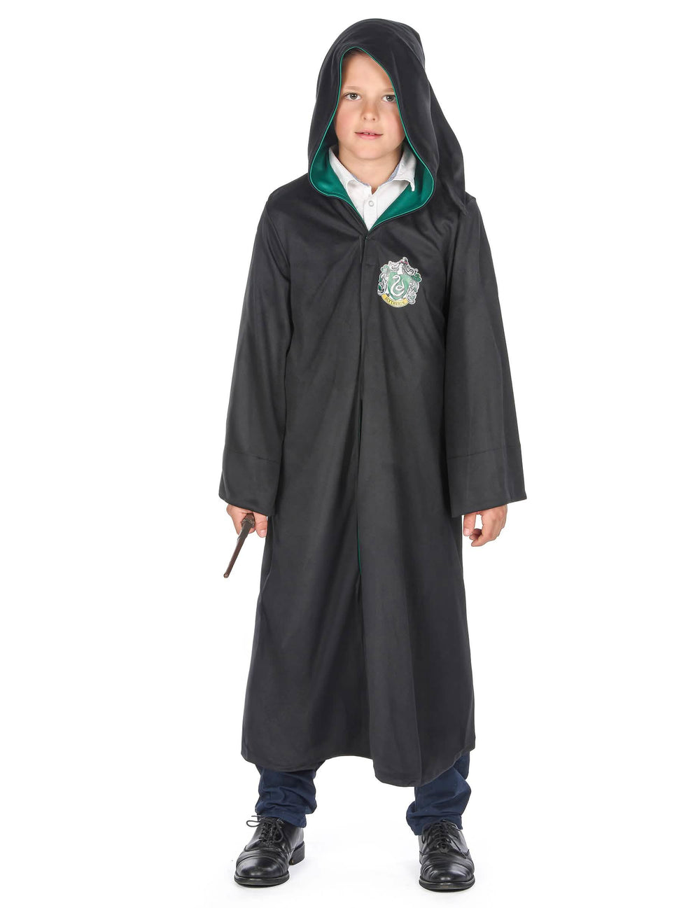 Edestä hupulla ja sauva kädessä klassinen Harry Potter™ -Serpentpuku