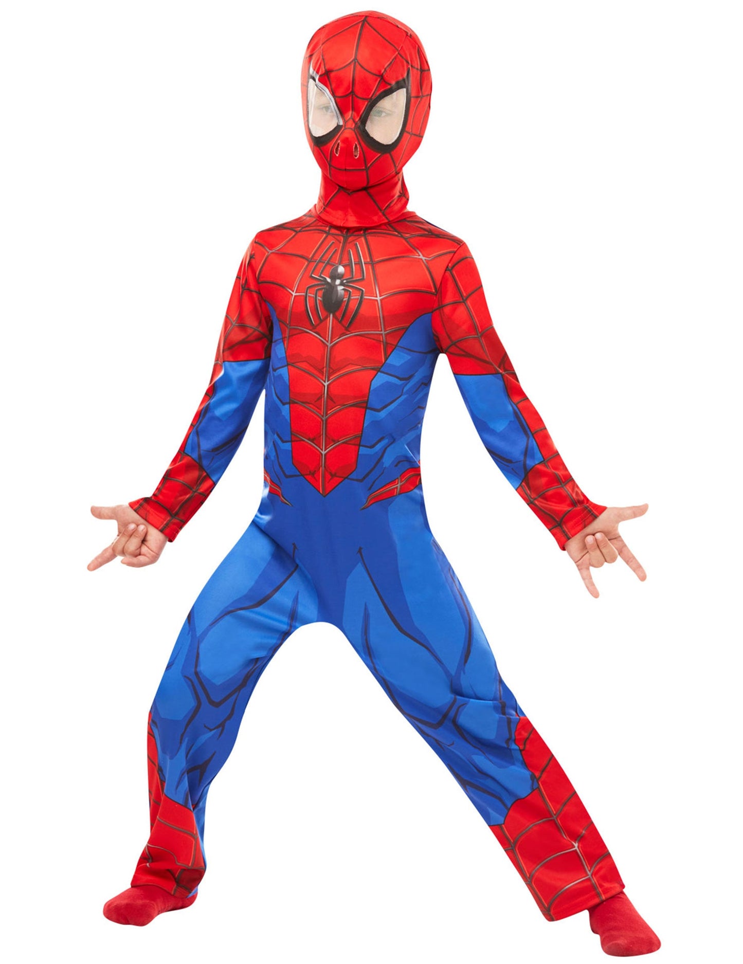Vue de face de la combinaison et de la cagoule du déguisement classique Spiderman pour enfant