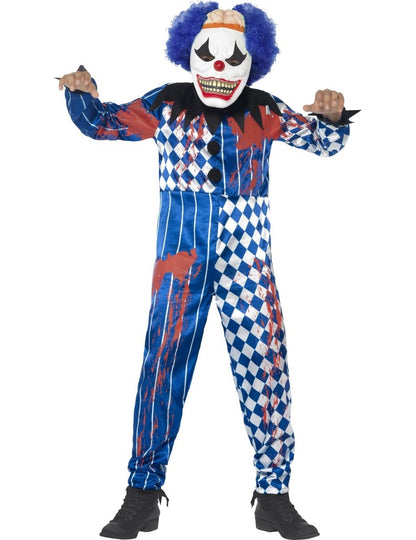 Déguisement de clown arlequin pour enfant bleu et blanc ensanglanté avec masque