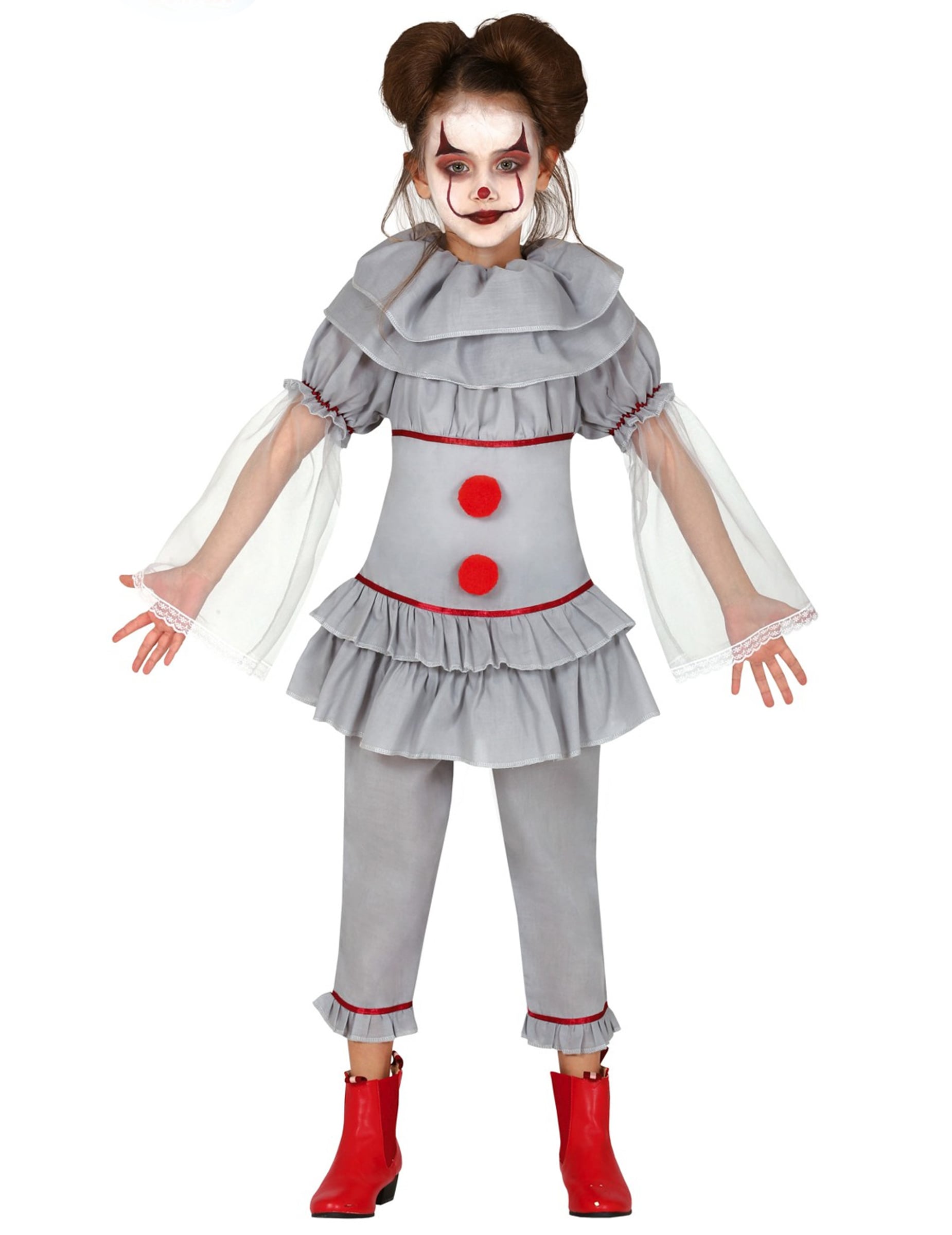 Déguisement de clown assassin pour fille gris avec pompons rouges