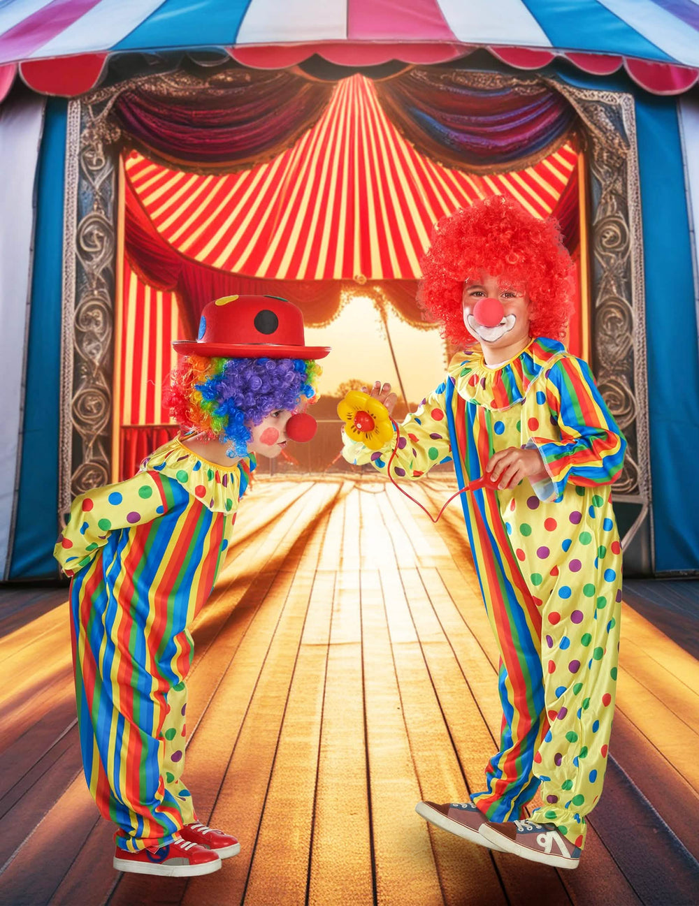 Mise en scène dans un décor de cirque du déguisement de clown coloré pour enfant