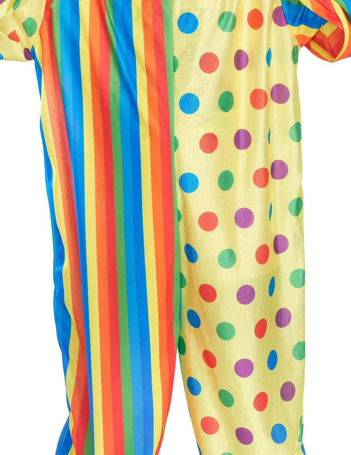 Gros plan sur les motifs à pois et rayures du déguisement de clown coloré pour enfant
