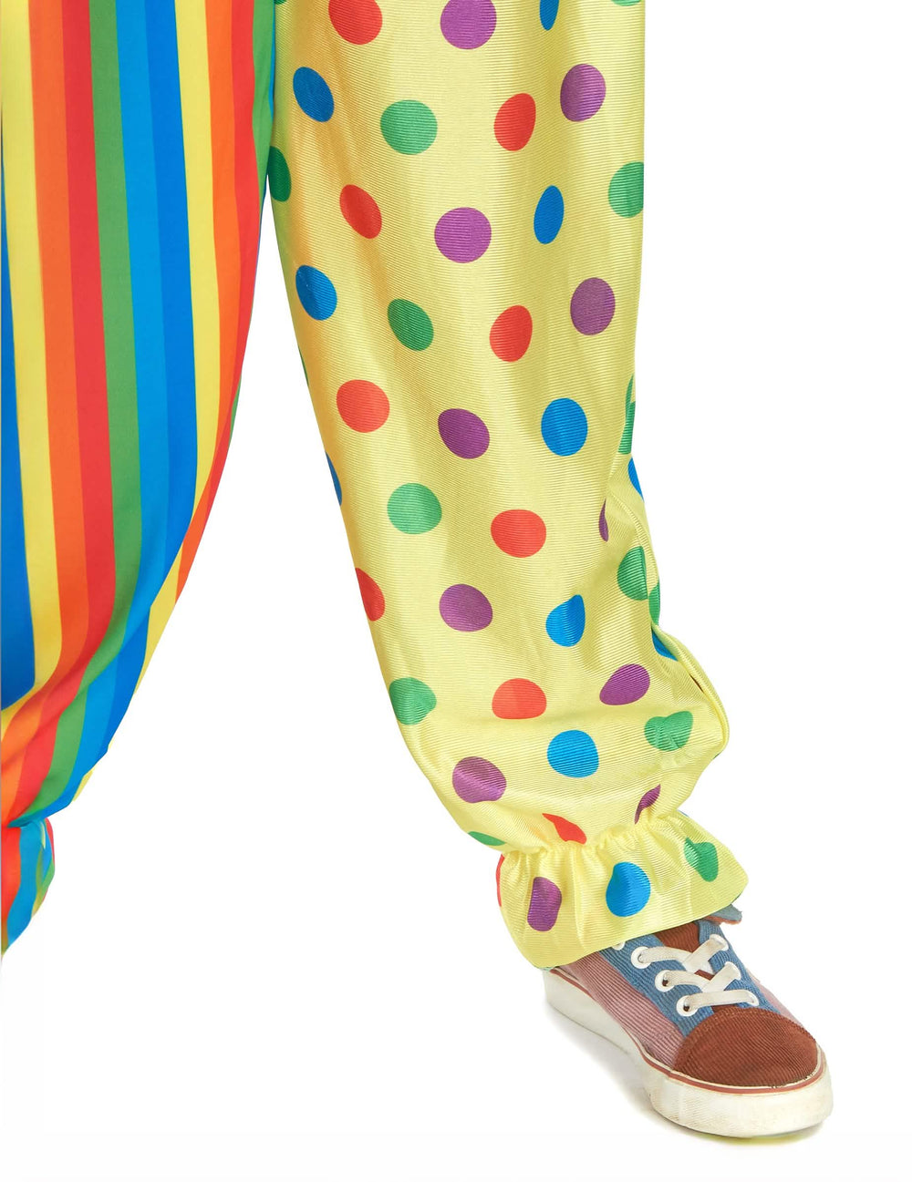 Détail du bas de jambe élastiqué du déguisement de clown coloré pour enfant