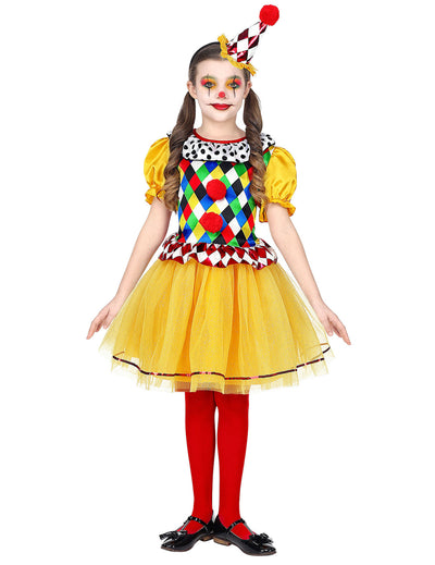 Déguisement clown coloré pour fille multicolore avec jupe jaune et chapeau pointu