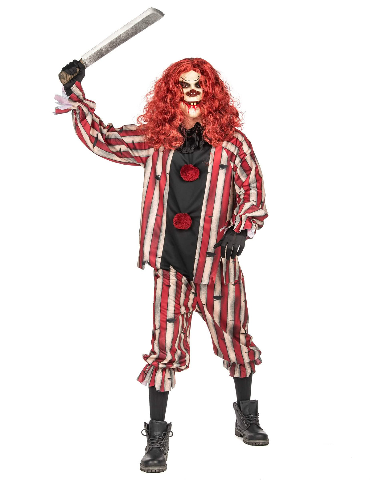 Etunäkymä, jossa on ylhäällä oleva machette demonisen clownin luksus-asusta