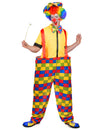 Déguisement de clown à carreaux colorés pour homme avec haut jaune et pantalon à damiers multicolores