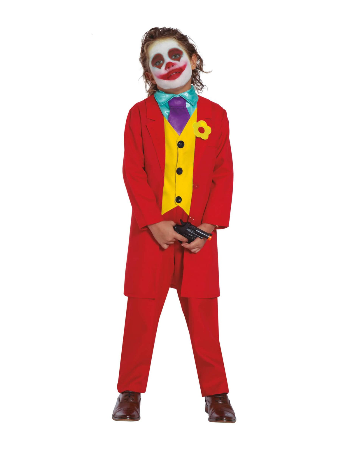 Punainen hullu clown-asu lapsille, punainen ja keltainen, violetilla kravatilla