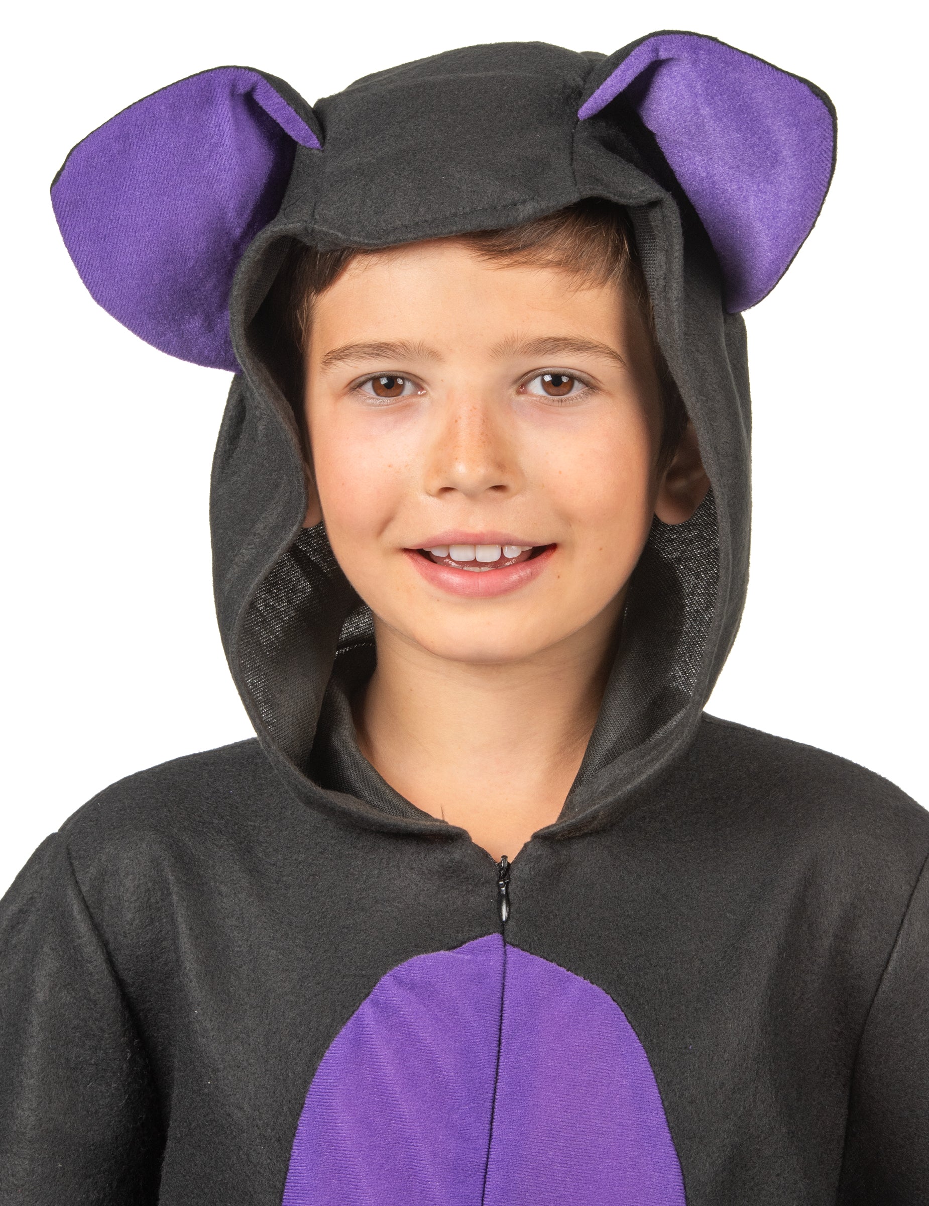 Gros plan sur la capuche à oreilles du déguisement combinaison chauve-souris