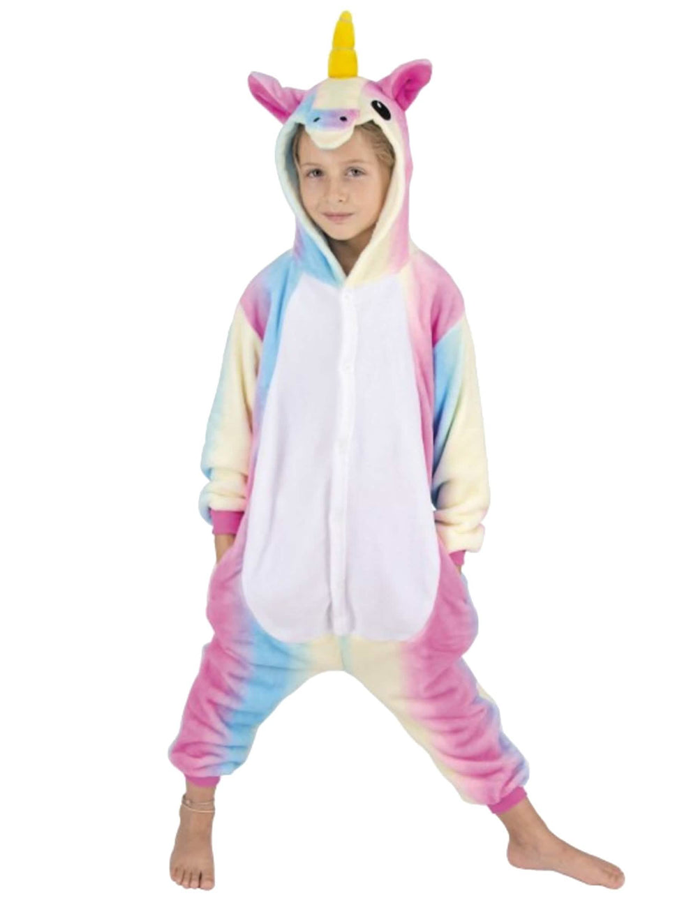 Déguisement combinaison licorne arc-en-ciel pour enfant multicolore pastel avec corne jaune