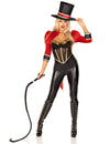 Déguisement combinaison Madame Loyal sexy pour femme rouge et noir avec chapeau et fouet