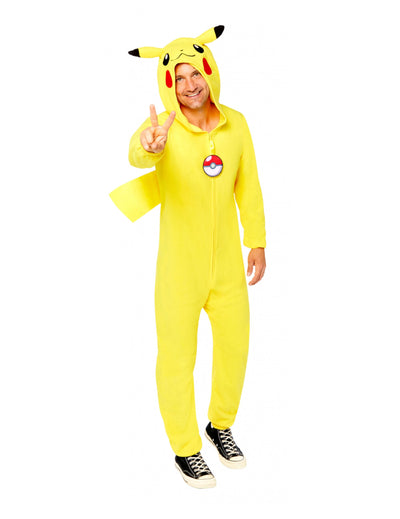 Déguisement combinaison Pikachu Pokémon pour adulte jaune avec capuche et Pokéball