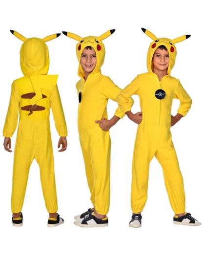 Vues de face, de dos et de profil du déguisement combinaison Pikachu Pokémon™