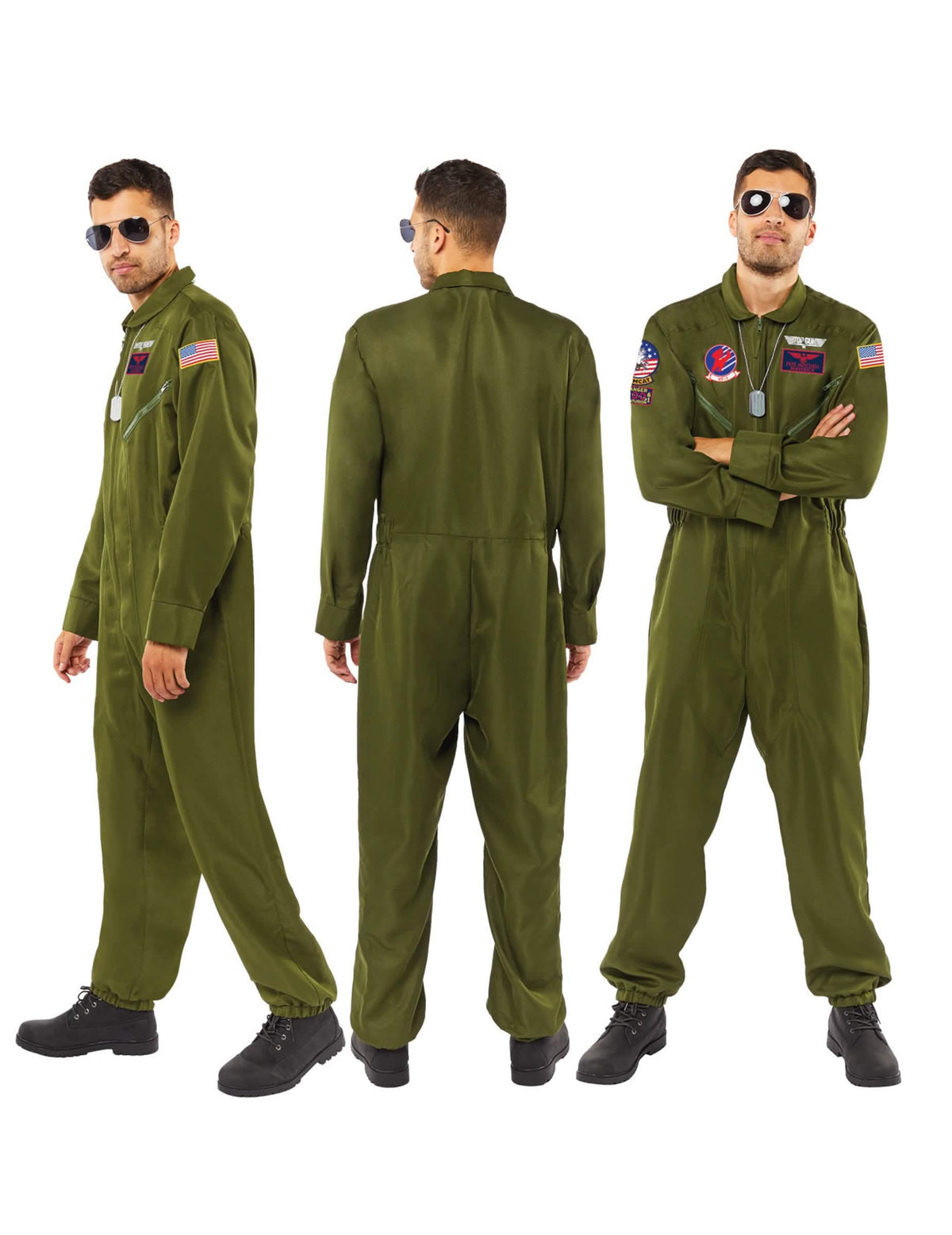 Edestä, takaa ja sivulta näkymät Top Gun -miehet -haalarista