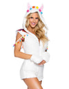 Déguisement combishort lama pour femme blanc avec capuche à oreilles et pompons multicolores
