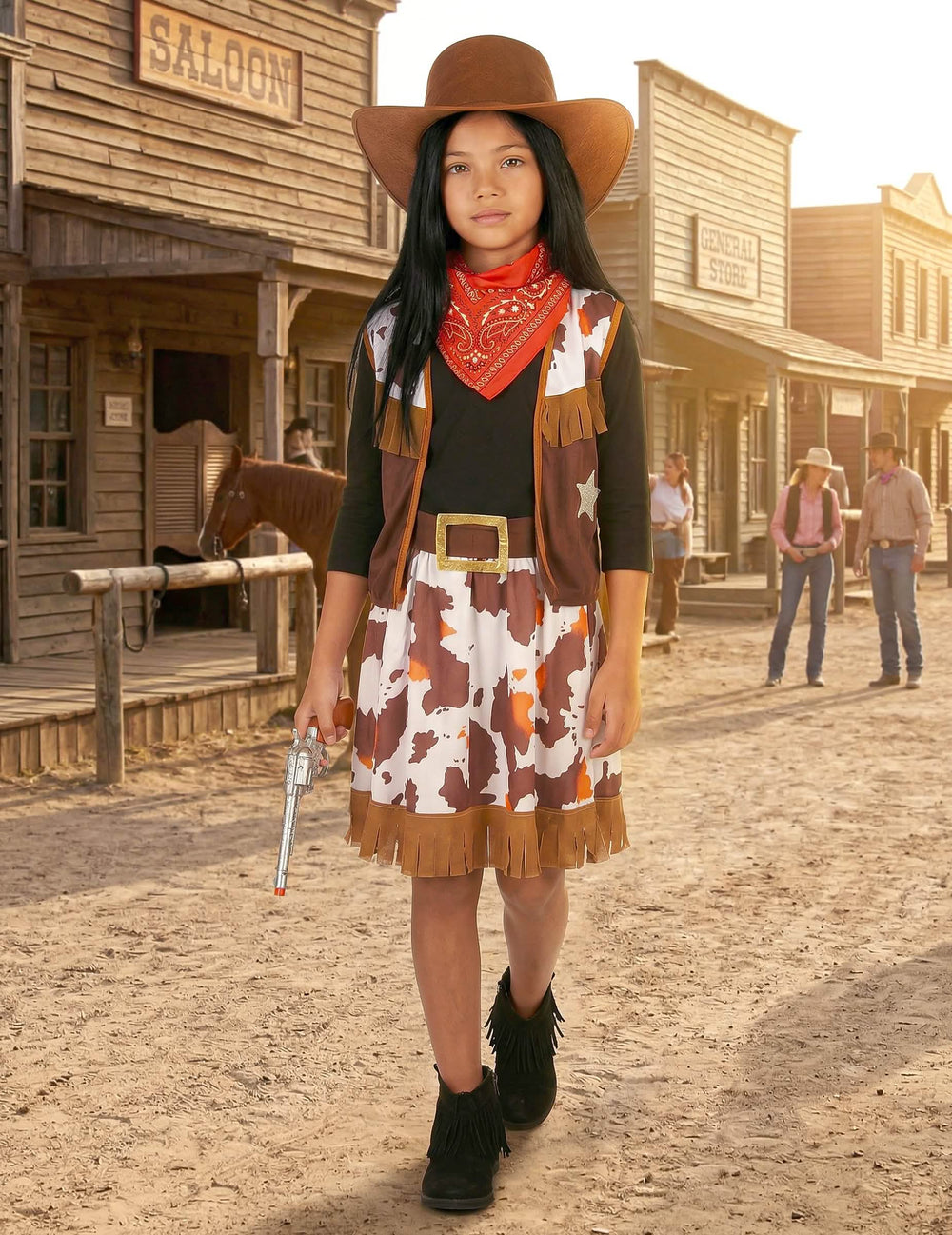 Edestä kuvattu asettelu villi länsi -taustassa lännen cowboy-asusta