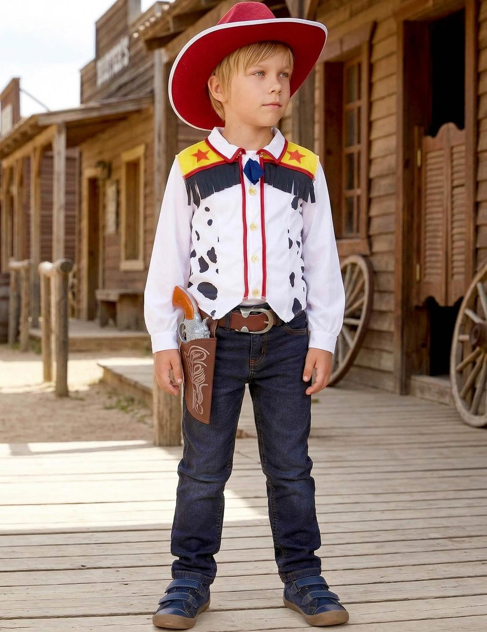 Lavastus villi länsi -taustassa poikien cowboy-naamiaisasusta varten