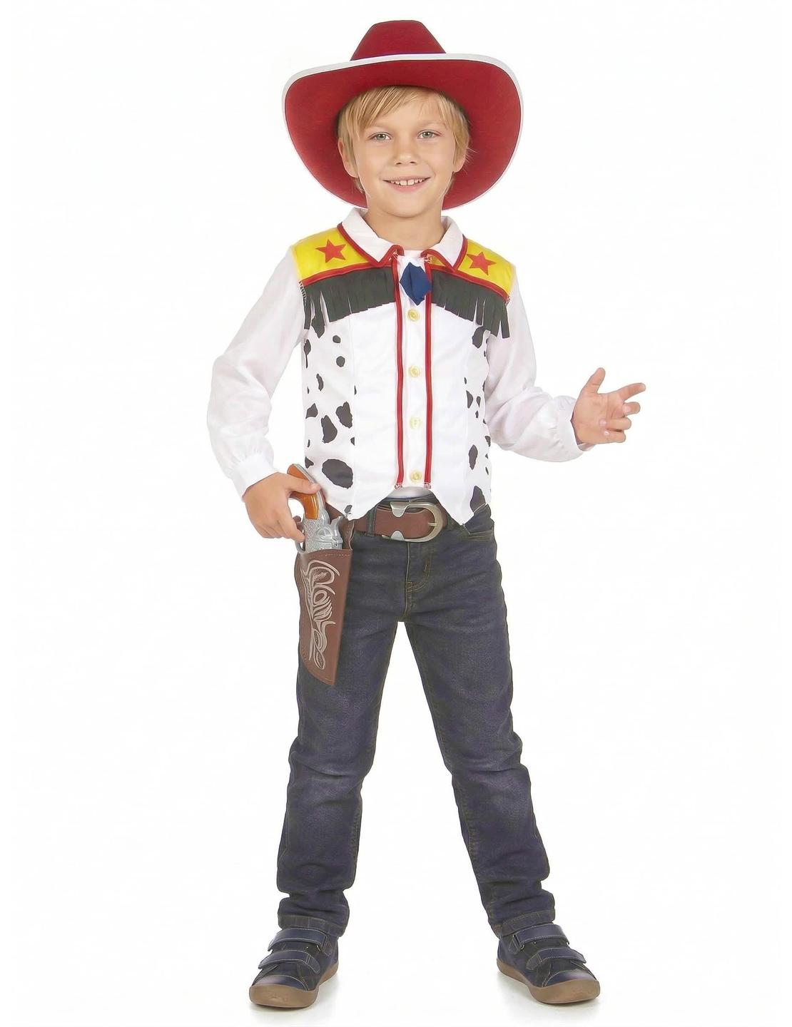 Cowboystaila pojat valkoinen mustilla pilkuilla, hapsuliivillä ja punaisella hatulla