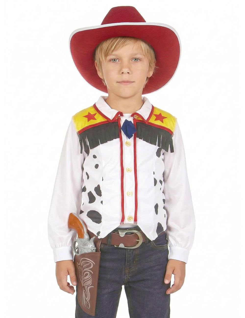 Lähikuva poikien cowboy-asun liivistä ja hatusta
