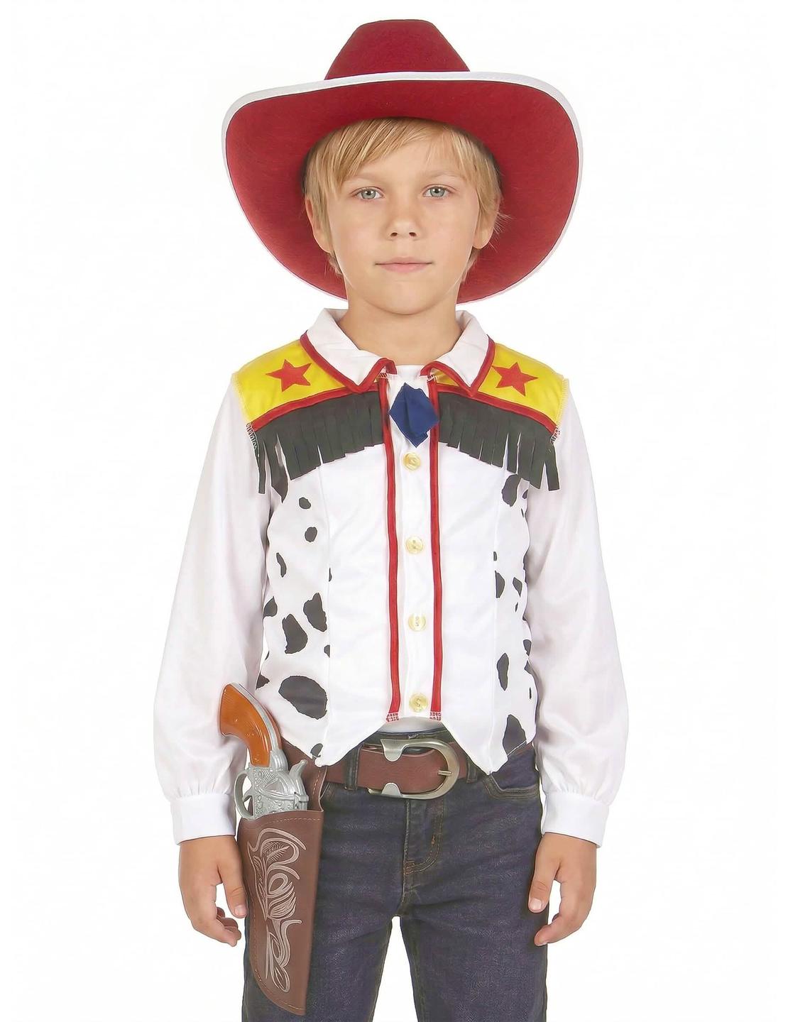 Lähikuva poikien cowboy-asun liivistä ja hatusta