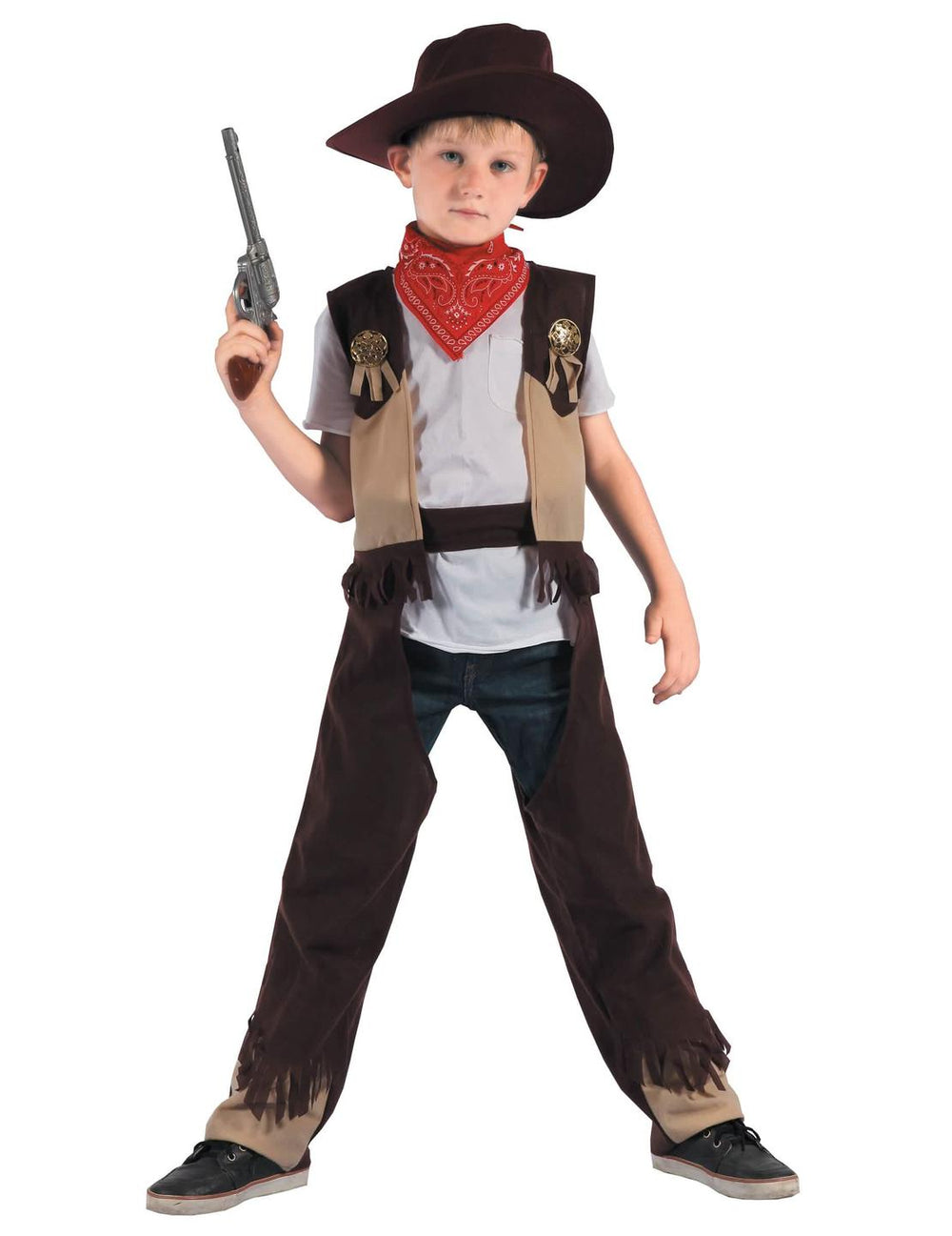 Cowboy-rodéo-puku pojat ruskea ja beige hatulla ja punaisella bandanalla