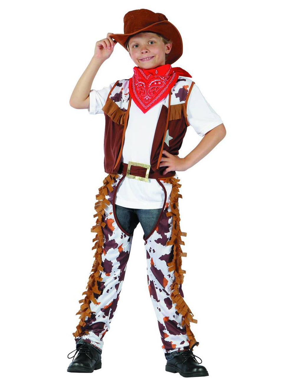 Déguisement cowboy shériff pour garçon marron et blanc avec motif vache