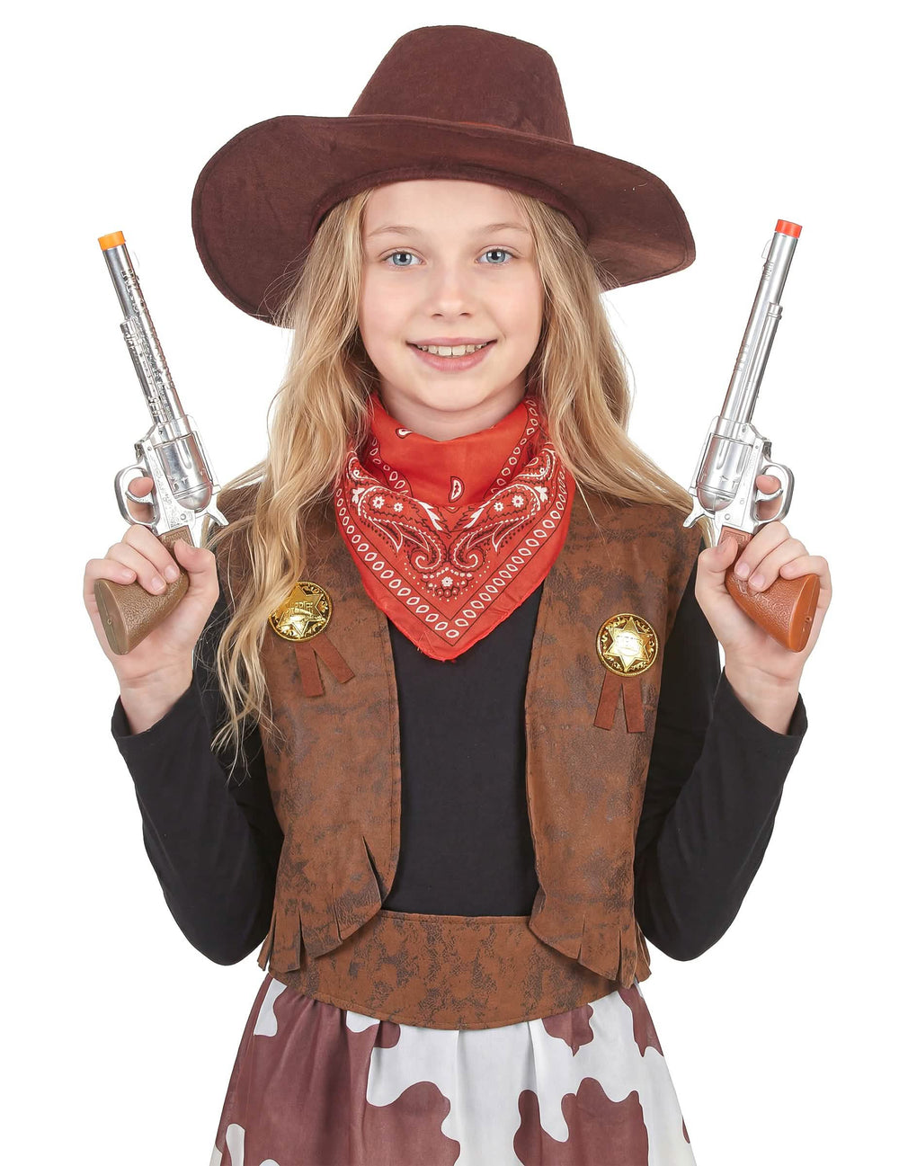 Gros plan sur le buste et les accessoires du déguisement cowgirl pour fille