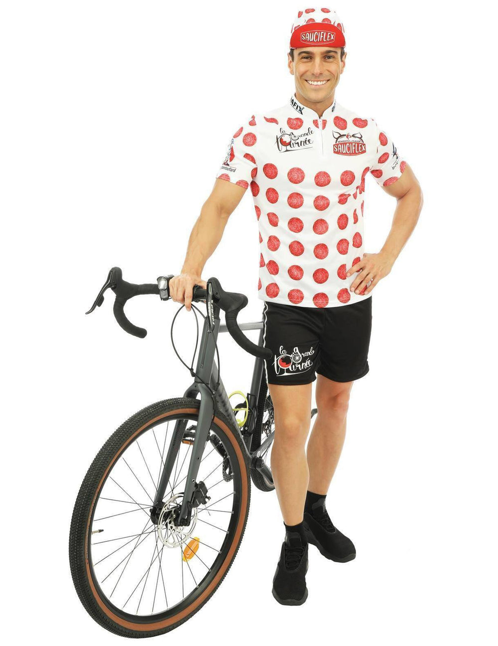 Déguisement de cycliste Sauciflex pour homme blanc et rouge à pois avec casquette