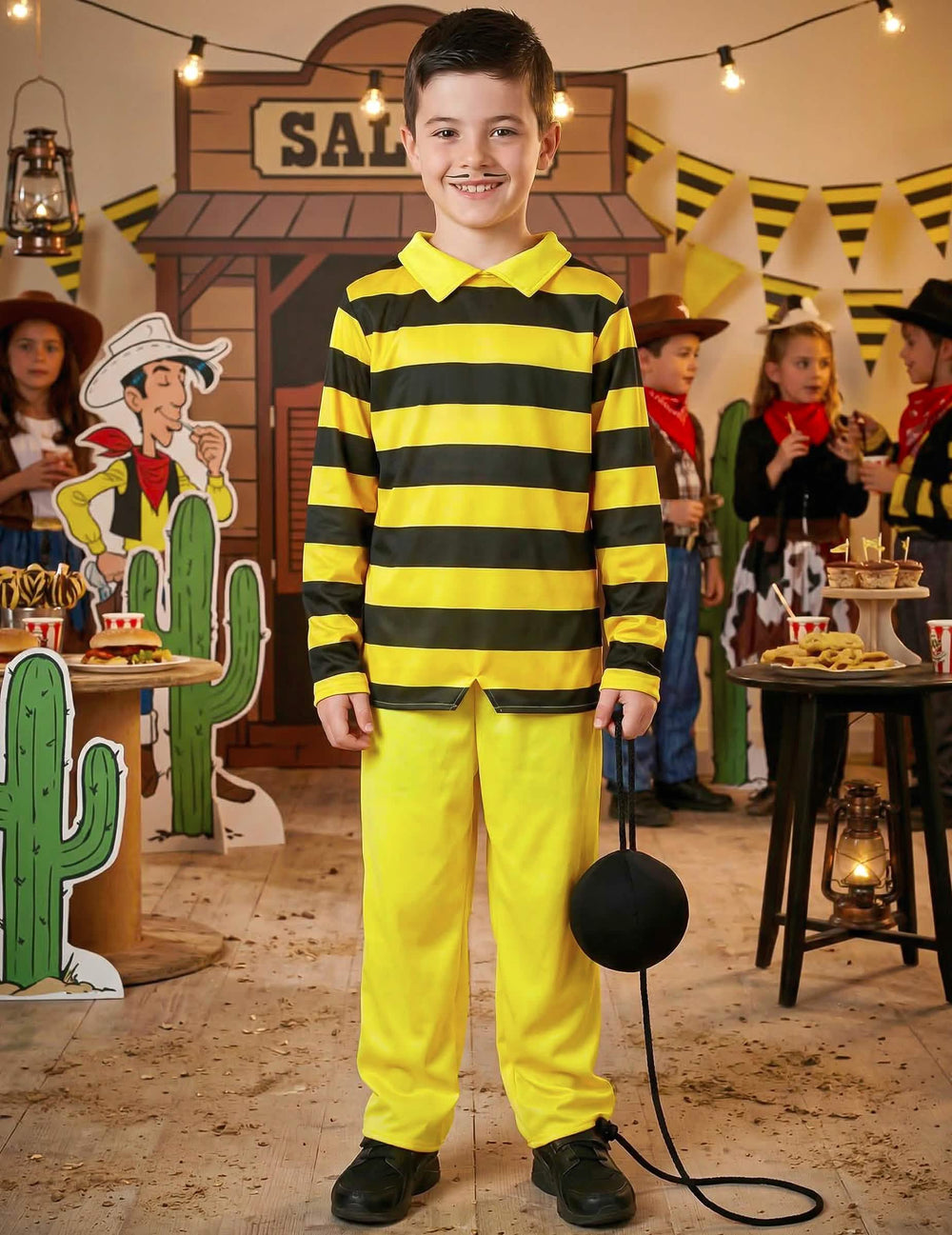 Tilannekuva saluunakuvauksella Dalton Lucky Luke -lasten naamiaisasusta