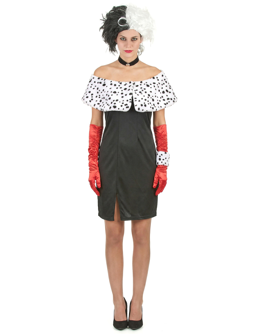 Déguisement dame cruelle sexy pour femme noir et blanc avec étole dalmatien et gants rouges