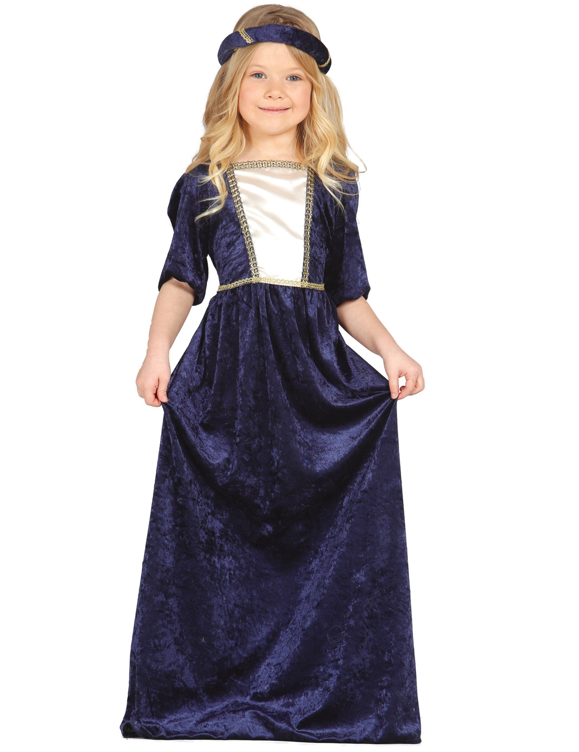 Déguisement de dame médiévale pour fille bleu avec bandeau et détails dorés