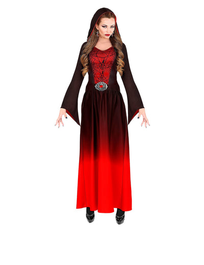 Déguisement de dame vampire gothique pour femme rouge et noir dégradé avec capuche