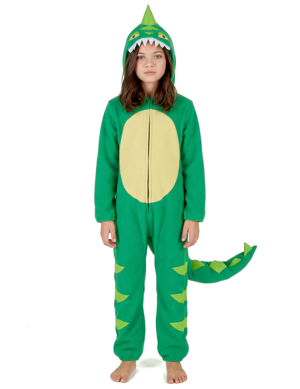 Edestä kuvattuna hupullinen dinosauruslapset-puku