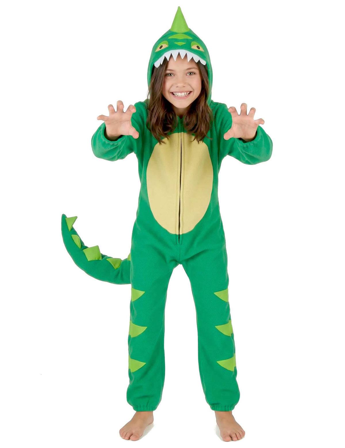Edestäpäin huppu päässä dinosaurusjuhlapuku lapsille