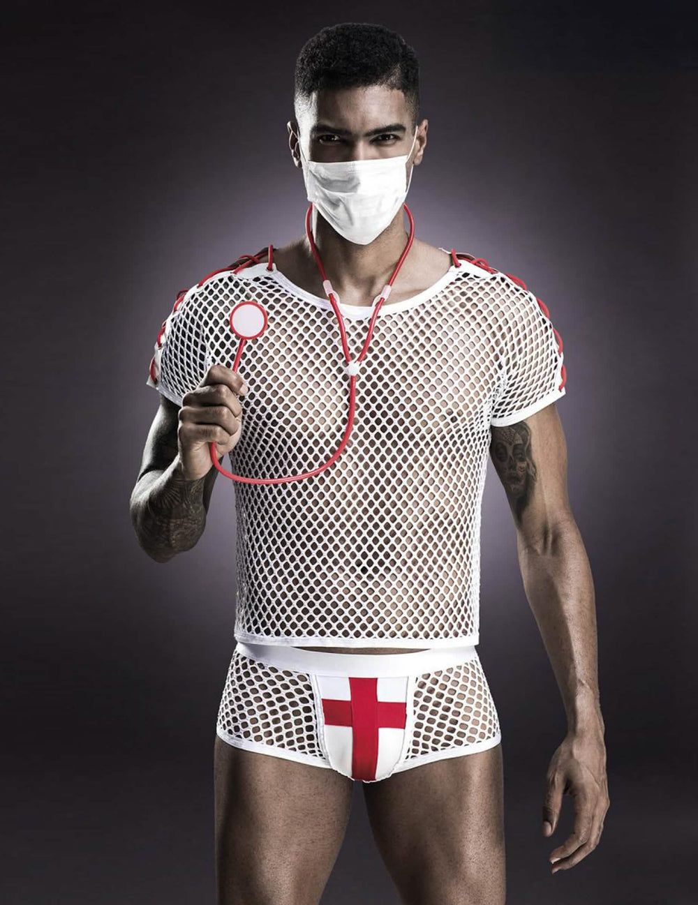 Vue de face avec masque et stéthoscope du déguisement de docteur sexy luxe pour homme