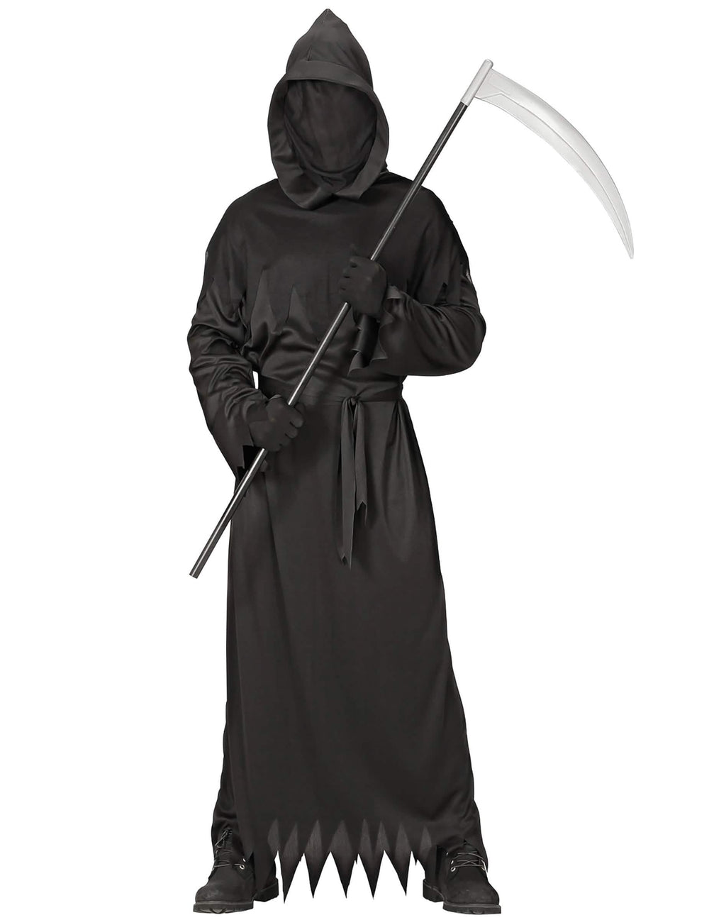 Vue de face avec la faux du déguisement de la mort pour homme
