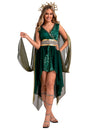 Déguisement déesse Médusa pour femme vert et doré avec serre-tête serpents