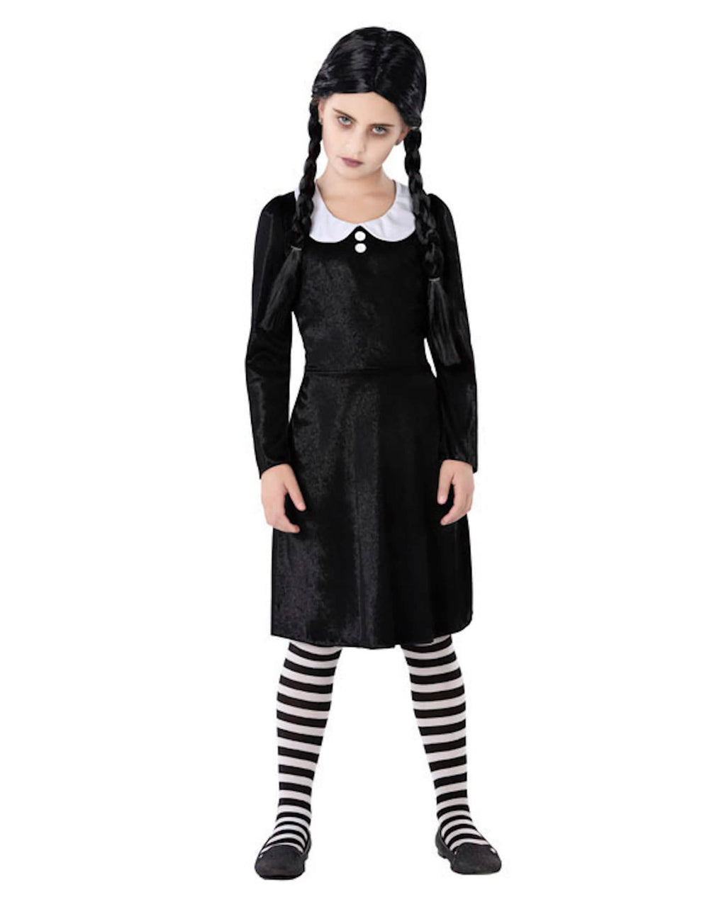 Déguisement famille morbide pour fille noir et blanc avec col Claudine