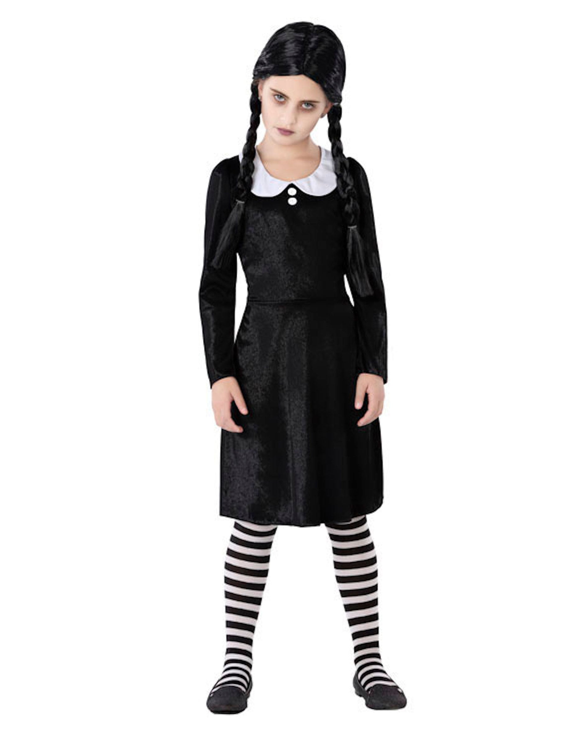 Déguisement famille morbide pour fille noir et blanc avec col Claudine