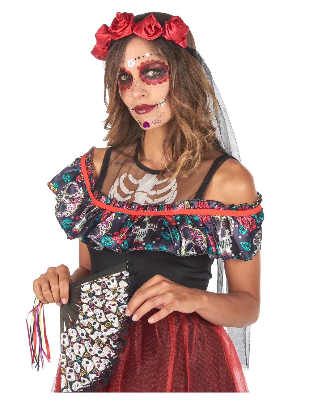 Pääkallokuvioinen viuhka naisten Dia de los Muertos -asuun