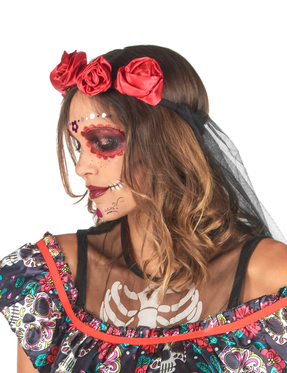 Sivukuva meikit ja kukkaseppele Dia de los Muertos -asusta naisille