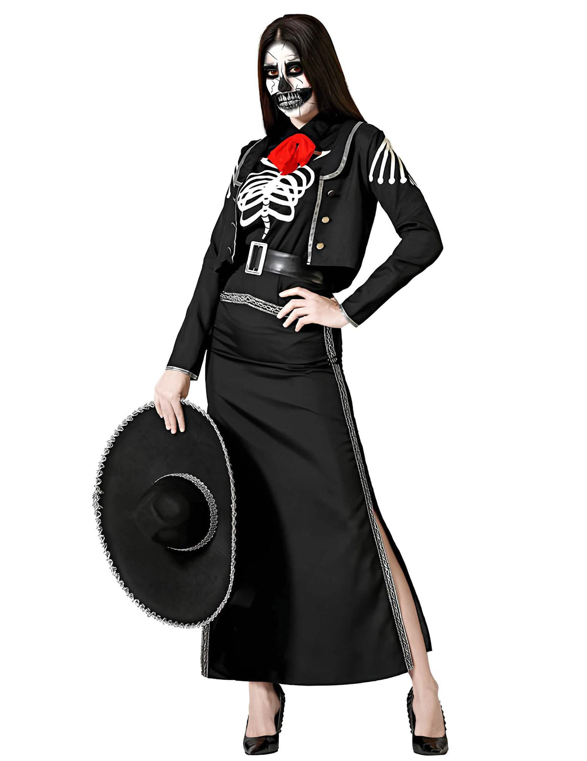 Déguisement Dia de los muertos pour femme noir avec motifs squelette et sombrero