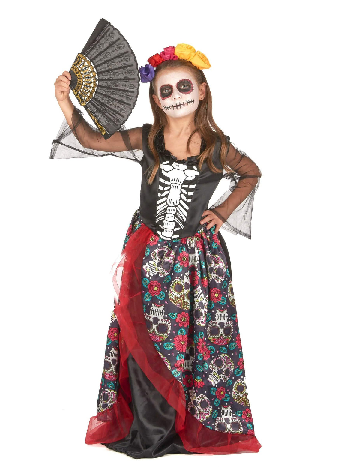 Vue de face avec éventail noir du déguisement Dia de los muertos fleuri
