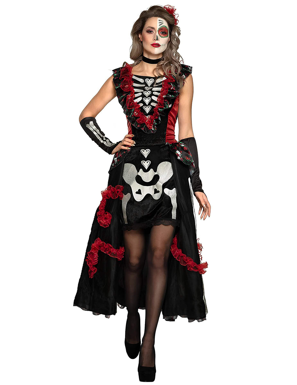 dìa de los muertos -asut naisille musta ja punainen juponilla