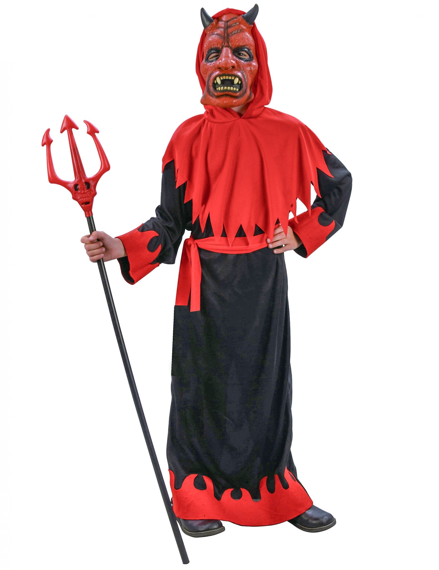 Déguisement de diable sinistre pour garçon rouge et noir avec masque et trident