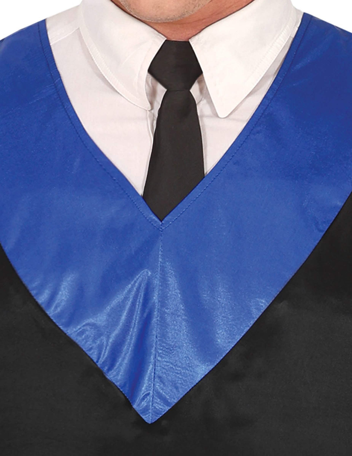 Détail du col en V bleu du déguisement diplômé