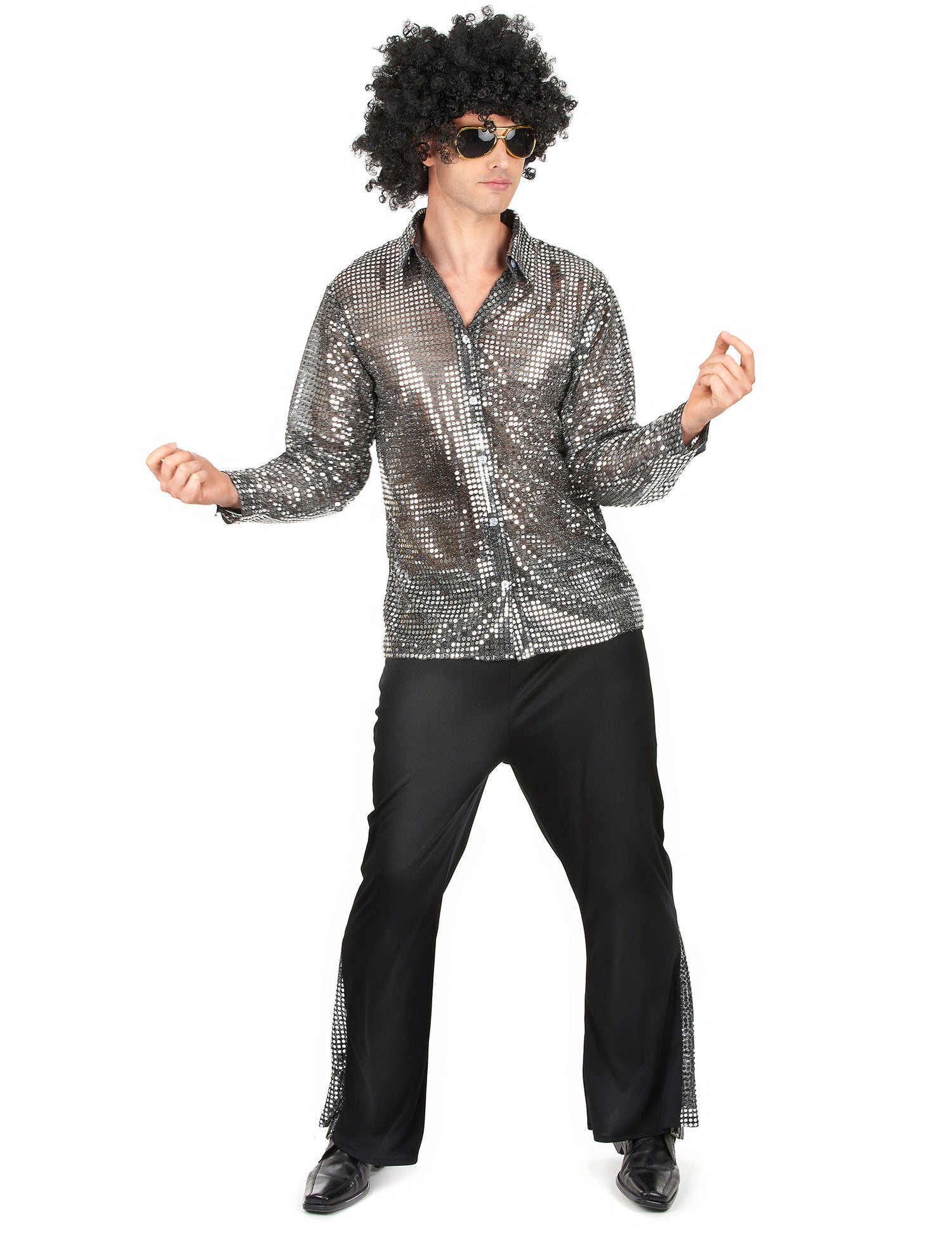 Déguisement disco pour homme argenté avec chemise brillante et pantalon noir