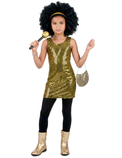 Vue d'ensemble du déguisement disco paillettes pour fille or