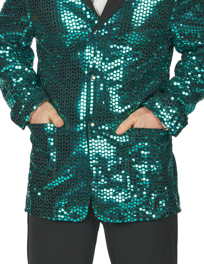 Gros plan sur les paillettes du déguisement disco pour homme